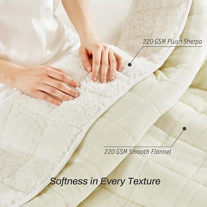Sherpa Fleece Adult Weighted Blanket, 15 Pounds Dual Sided Soft Plush Blanket for Couch Bed Sofa, Heavy Thick Blankets with Glass Beads Great for Sleep, 48 x 72 inches, Cream White on Both Sides