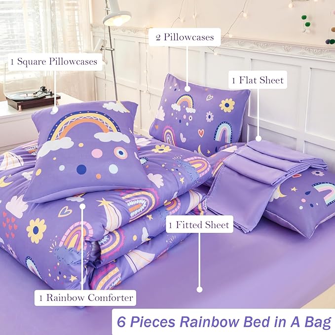 ANGIYUIN 6 Pieces Purple Twin Bedding Set Rainbow Bedding Set for Girls Love Hearts and Moon Design Kids Bed Set Soft Girl Bed in A Bag with Sheets, Purple, Twin