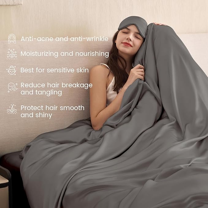 THXSILK 100% Pure Mulberry Silk Duvet Cover Set 3 Piece, 6A+ Grade Luxury Soft Bedding Silk Sheets for Hair and Skin, 1 Pcs Duvet/Quilt/Comforter Cover with 2 Zippered Pillowcases (Charcoal, Full)