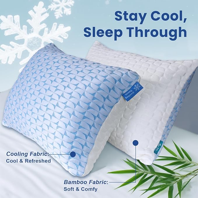 QUTOOL King Size Pillows Set of 2 – Firm Cooling Shredded Memory Foam, Adjustable Loft for Side, Back & Stomach Sleepers, CertiPUR-US Certified Foam, Machine-Washable Cover, Supportive & Breathable