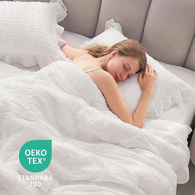 JOLLYVOGUE White King Comforter Set, 3 Pieces Seersucker Comforters King Size, Lightweight & Fluffy Bedding Sets King for All Season with 1 Ruffle Comforter and 2 Ruffle Pillowshams