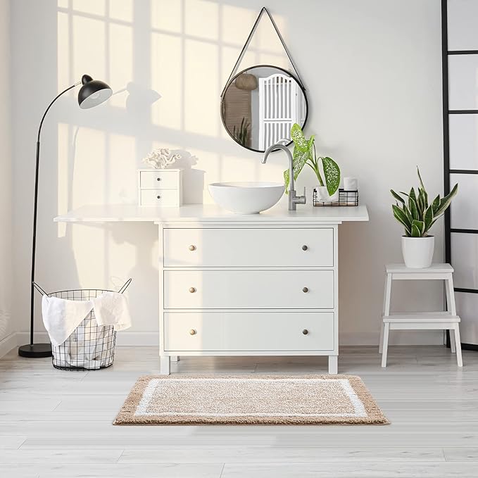 CozeCube Bath mats for Bathroom Non Slip, Fluffy Absorbent Microfiber Bath mat Washable, Aesthetic Bathroom Rugs, Long Beige Bath mat, Beige, 47" x 24"