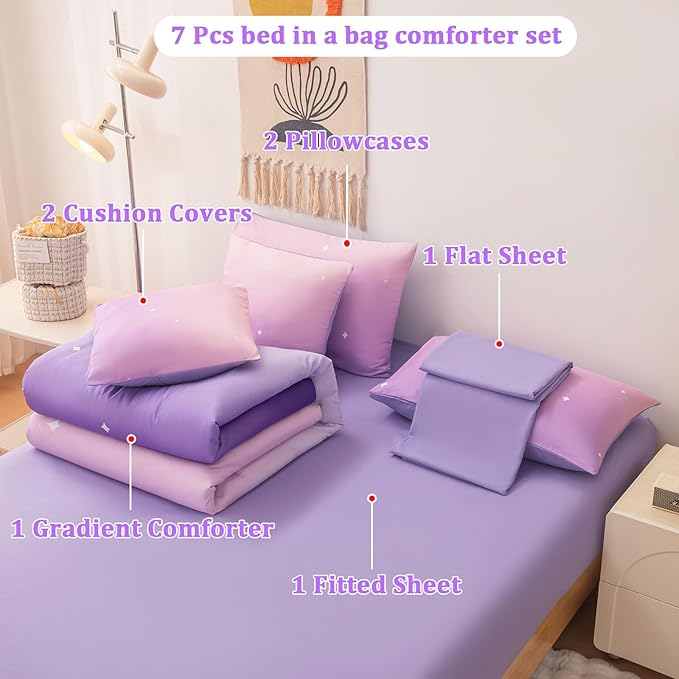 Rainbow Bedding Set Twin Size – 7 Piece Reversible Girls Comforter with Deep-Pocket Sheet, Gradient Galaxy Design, Whole-Piece Filling, Machine Washable Bed-in-a-Bag for Kids Room Makeover & Gifts