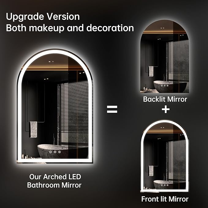 Arched LED Mirror for Bathroom 24"x36"- Frameless Lighted Bathroom Mirror with Lights, Fogless, Dimmable, 3 Color Changing, Shatterproof, Touch Sensor