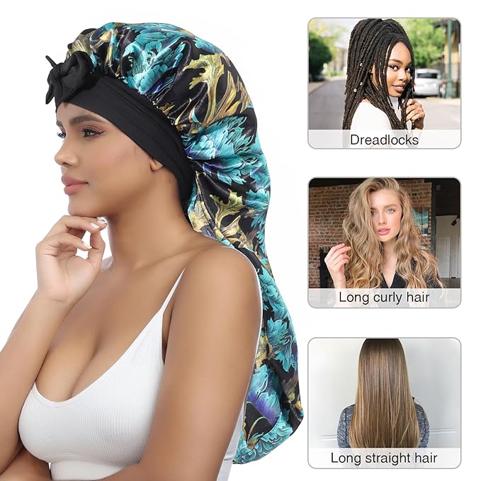 AWAYTR Long Satin Bonnet for Women - Double Layer Elastic Silk Bonnet for Braids Hair Sleeping Cap with Tie Band (Print+Black)