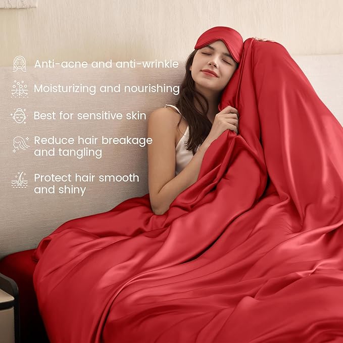 THXSILK 100% Pure Mulberry Silk Duvet Cover Set 3 Piece, 6A+ Grade Luxury Soft Bedding Silk Sheets for Hair and Skin, 1 Pcs Duvet/Quilt/Comforter Cover with 2 Zippered Pillowcases (Red, Twin)