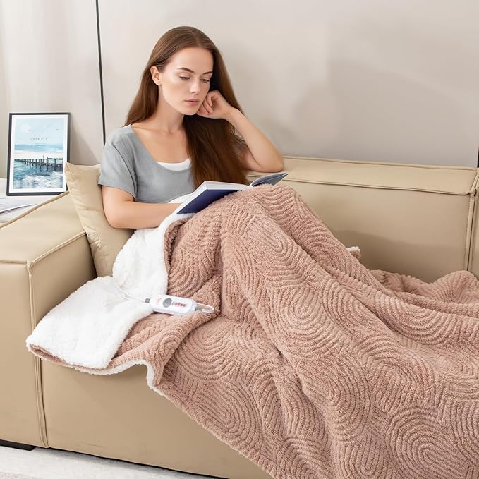 Heated Throw Blanket Electric - 50"x60" Cozy Soft Jacquard Heating Blanket with 4 Heat Levels & 4 Hours Auto-Off, Electric Throw with Overheating Protection, Warm Gifts, Brown