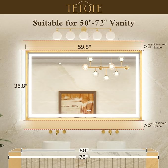 TETOTE 60 x 36 Large Bathroom Mirror Brushed Bright Nickel Metal Frame Frontlit & Backlit Vanity Mirror 3 Colors White/Warm/Natural Stepless Dimmable Anti-Fog Bathroom Mirrors for Vanity Wall-Mounted