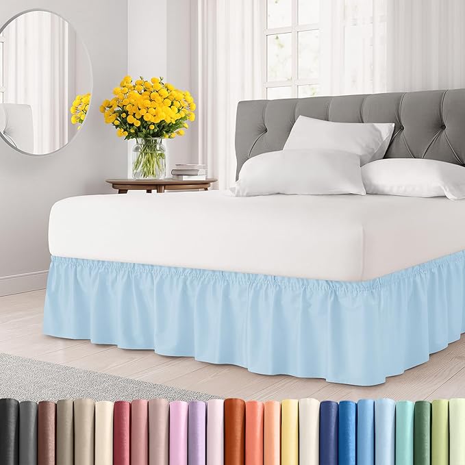 Wrap Around Dust Ruffle Bed Skirt - Light Blue - Twin/Twin XL Size Beds with 24 Inch Drop - Elastic Strap - Adjustable Pleated Bedskirt with Brushed Fabric and Wrinkle Free - Women, Men, Kids & Teens