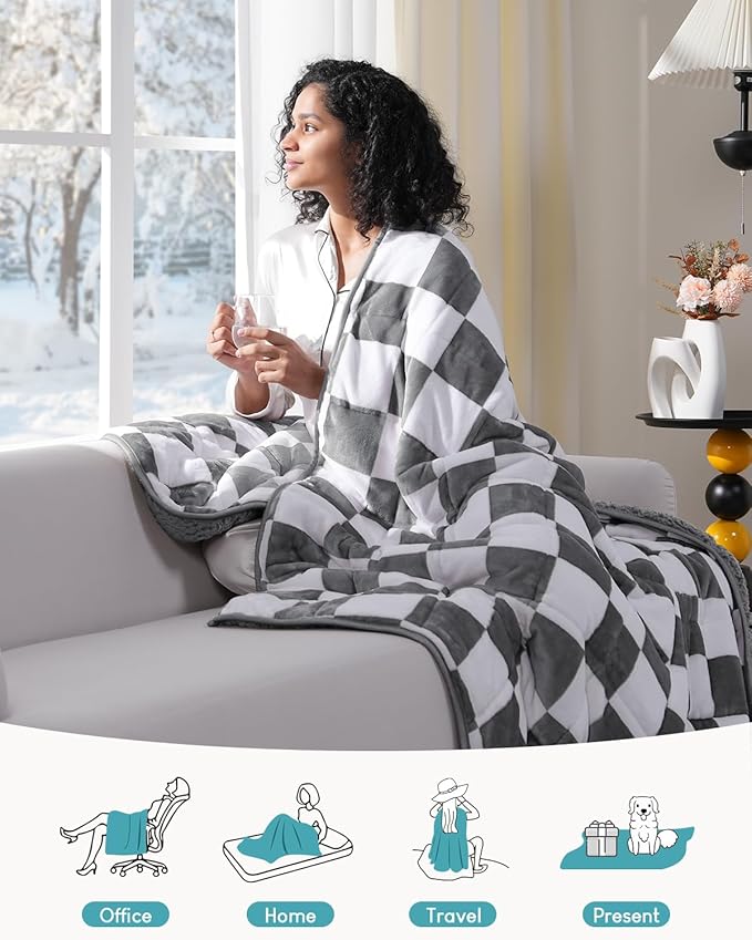 Sherpa Weighted Blanket for Adults Queen Size 15 lbs, Dual Sided Heavy Blankets with Checkerboard Pattern, Ultra Soft Cozy Throw Blanket for Calming and Sleep, Plaid Grey, 48" x 72"