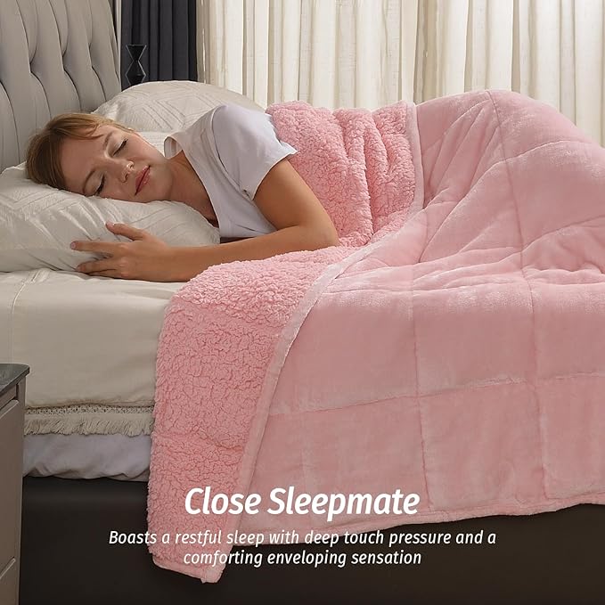 Wemore Sherpa Fleece Weighted Blanket for Adult, 15 lbs Dual Sided Cozy Fluffy Heavy Blanket, Ultra Fuzzy Throw Blanket with Soft Plush Flannel Top, 60 x 80 inches Pink on Both Sides