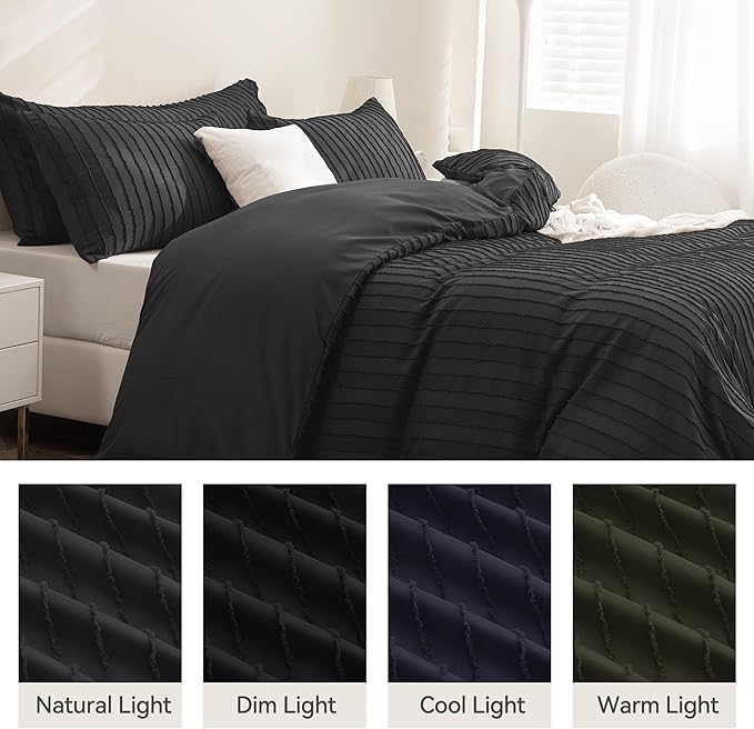 JELLYMONI Duvet Cover King Size Black - 3PCS Boho Striped Duvet Cover Set Polyester Tufted Bohemian Textured Comforter Cover with Corner Ties & Zipper Closure