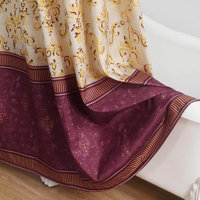 Long Fabric Shower Curtain, Burgundy and Gold Damask Print Shower Curtains for Bathroom, Classic Baroque Bathroom Curtains, 78" W x 78" H