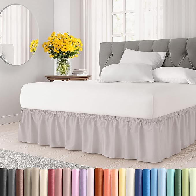 Wrap Around Dust Ruffle Bed Skirt - Light Grey - for King Size Beds with 12 Inch Drop - Elastic Strap - Adjustable Pleated Bedskirt with Brushed Fabric and Wrinkle Free - for Women, Men, Kids & Teens