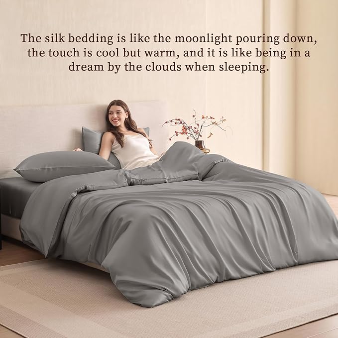 THXSILK 100% Pure Mulberry Silk Duvet Cover Set 3 Piece, 6A+ Grade Luxury Soft Bedding Silk Sheets for Hair and Skin, 1 Pcs Duvet/Quilt/Comforter Cover with 2 Zippered Pillowcases (Grey, King)