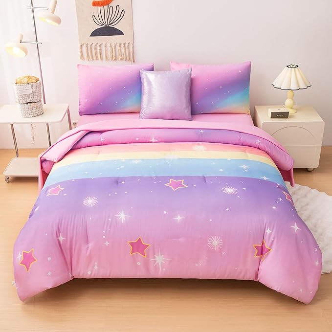 Rainbow Bedding Set Twin Size – 6-Piece Reversible Girls Comforter with Deep-Pocket Sheet, Gradient Galaxy Design, Whole-Piece Filling, Machine Washable Bed-in-a-Bag for Kids Room Makeover & Gifts