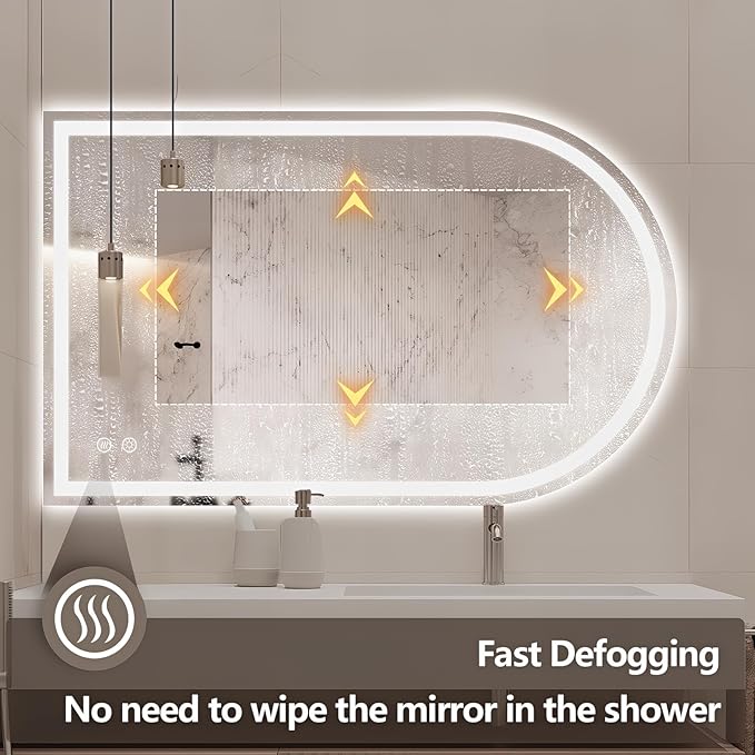Niccy Arched LED Bathroom Mirror, 48x30 Arch Wall Mounted Frameless Bathroom Mirror for Vanity, Smart Lighted Frontlit Mirrors with Memory Function for Bathroom Bedroom Beauty Hair Salon