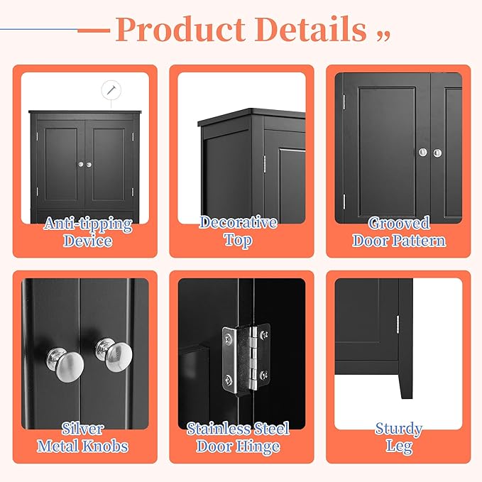Freestanding Storage Cabinet with 4 Doors,Elegant Organizer Unit with Adjustable Shelves, Sturdy MDF Frame, Anti-Tipping Design, Large Capacity for Bathroom, Kitchen, Office, Home, Black