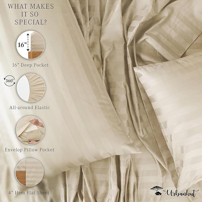 URBANHUT 1000 Thread Count Egyptian Cotton Damask Striped Full Sheets, Long Staple Soft & Breathable, 4 Pc Bed Sheet Sets, Luxury Hotel Sateen Sheets Fits 16" Deep Pocket - Ivory
