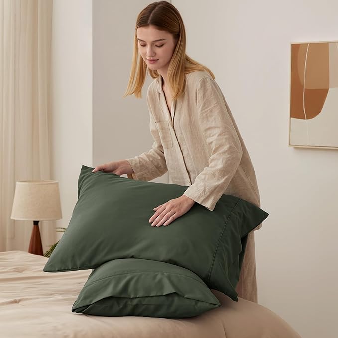 Bedsure Queen Pillow Cases Set of 2 - Olive Green Microfiber Pillowcase 2 Pack, Super Soft Double Brushed Pillow Case Covers with Envelope Closure, Wrinkle, Fade and Stain Resistant, 20x30 Inches
