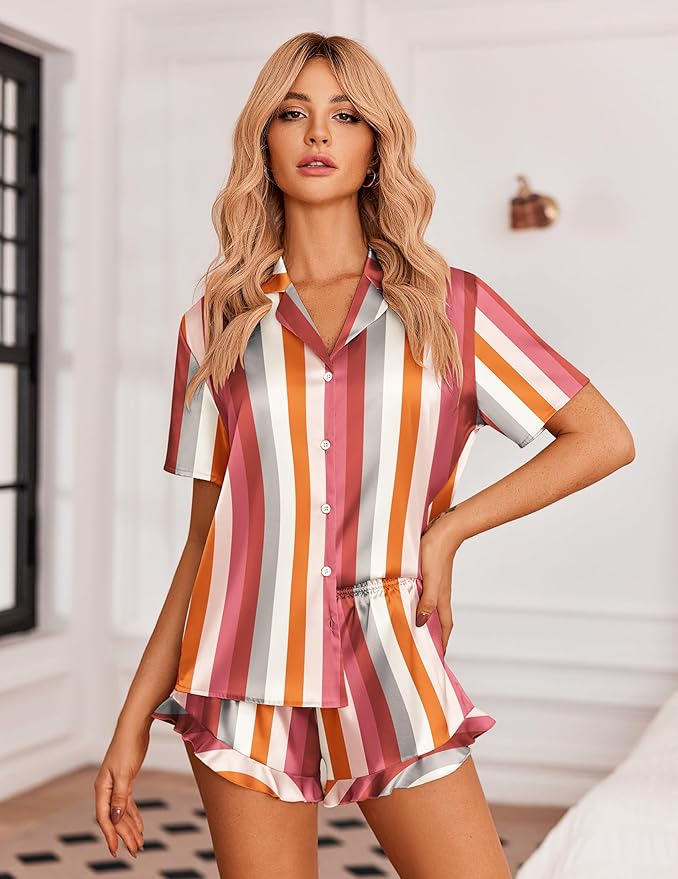 Ekouaer Womens Satin Pajamas Set Button Down 2 Piece Silk Pjs Shorts Set Ruffle Lingerie Notch Collar Sleepwear