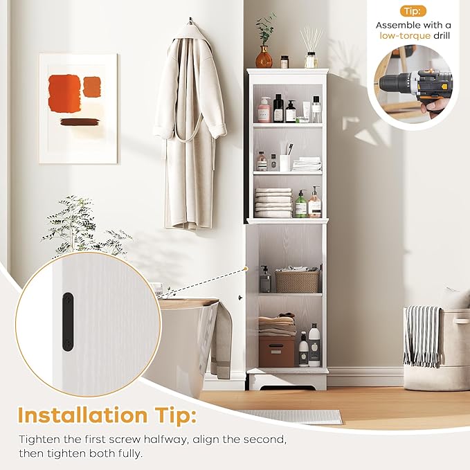 Tall Bathroom Storage Cabinet with Door and Open Adjustable Shelves, 60.9" H Wooden Tower Corner Narrow Farmhouse Cabinet, Freestanding Organizer for Kitchen, Entryway White