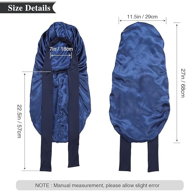 AWAYTR Long Satin Bonnet for Women - Double Layer Elastic Silk Bonnet for Braids Hair Sleeping Cap with Tie Band (Navy Blue)