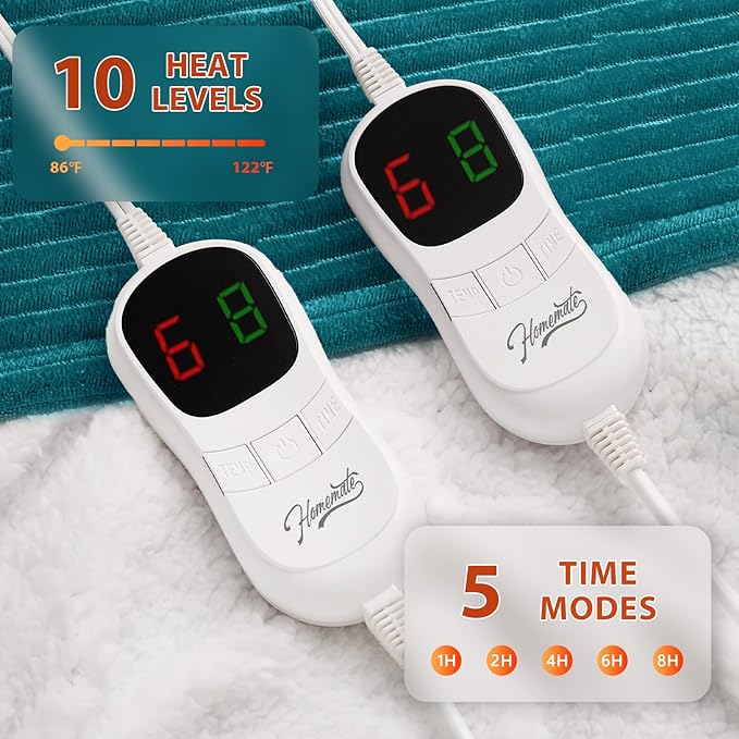 Homemate Electric Heated Blanket King Size - 100"x90" Heating Blanket King Size Dual Control 1/2/4/6/8 Hours Auto-Off 10 Heat Level Over-Heat Protection Soft Flannel Sherpa ETL Certification