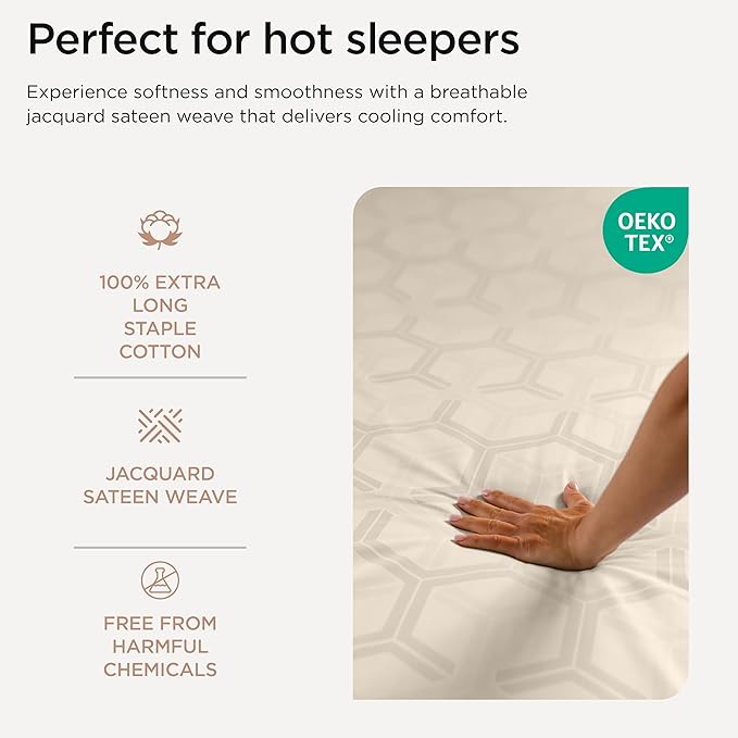 Threadmill 100% Cotton Sheets for King Size Bed - 600 Thread Count King Bed Sheets Set with 16” Deep Pocket - Jacquard Sateen Weave 4-Piece Bedding Set with Cooling Effect, Beige