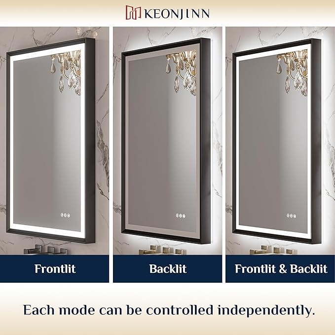 Keonjinn 48” x 30” LED Bathroom Mirror with Frontlit & Backlit, Large Metal Framed Lighted Mirror with Stepless Dimmable 3-Color Temperatures, Anti Fog, UL-Listed Driver, No Dark Corner