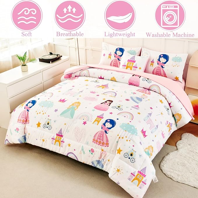 ANGIYUIN Princess Fairy Tales Twin Size Comforter Set for Girls Cartoon Rainbow Love Kids Bed in A Bag with Sheets Cute and Soft Bedding Set for All Season(Princess, Rainbow, Castel, White)