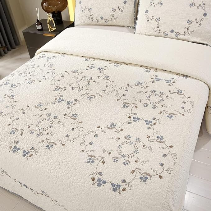 vctops 3-Piece 100% Cotton Bedspread Coverlet Set Twin Size Elegant Floral Embroidered Reversible Patchwork 1 Quilt and 2 Pillow Shams (Flower B,Twin)