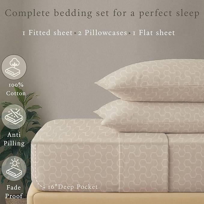 Threadmill Cotton Queen Sheet Set | 500 Thread Count 100% Cotton Sheets for Queen Size Bed | Damask Jacquard Queen Bed Sheets Set with 16” Deep Pocket Fitted | Soft Sateen Cooling Bedding Set | Beige