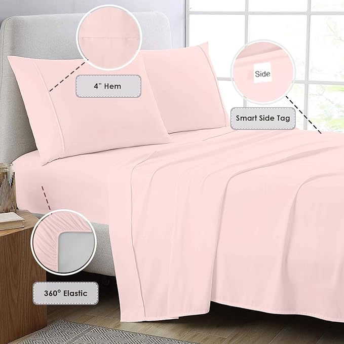 Pizuna Pure 100% Cotton Bed Sheets Set King Size Light Pink, 800 Thread Count 100% Long Staple Cotton Sateen King Sheet Set with 15" Deep 2 Extra Pillowcases (Combed Cotton Bed Sheet Set)