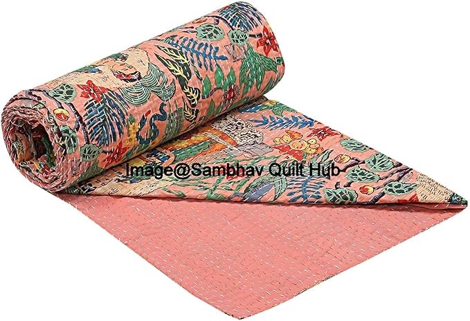 Floral Printed Cotton Quilted Blanket Indian Handmade Bedspread Kantha Work Bohemian Bed Decor Throw Blanket Twin/King/Queen (60X90 inches)
