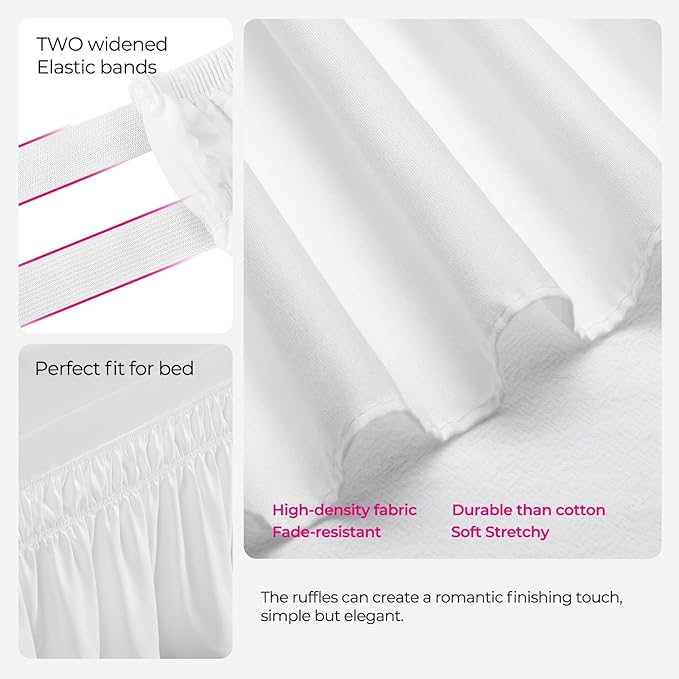 RIMELA Dorm Bed Skirt Twin XL 42 Inch Drop, Easy to Install Extra Long Wrap Around Elastic Dust Ruffle, White Bedskirt Solid Silky Fabric Machine Washable (Twin XL 80“L x 39”W & Twin 75“L x 39”W)