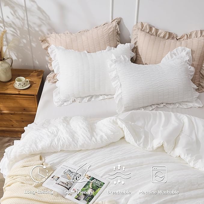 JOLLYVOGUE Queen Comforter Set, 3 Pieces White Seersucker Comforters Queen Size, Lightweight & Fluffy Bedding Sets Queen for All Season with 1 Ruffle Comforter and 2 Ruffle Pillowshams