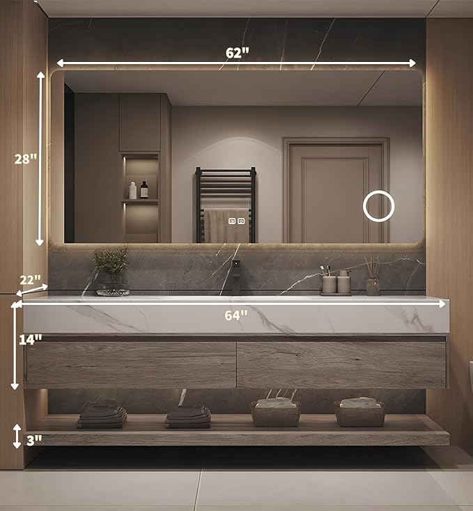Floating Bathroom Sink Vanity 64Inch, Solid Wood Bathroom Vanities Set Includes Smart Rectangular Mirror, Slate Countertop and Integrated Sink, Modern Bathroom Cabinet with Drawers and Open Storage