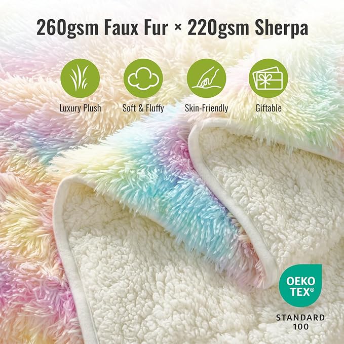 Uttermara Faux Fur Weighted Blanket 15 LBS Twin Full Size, Fluffy Fur Heavy Blanket for Sofa Bed, Super Soft Plush Fleece & Cozy Sherpa Reverse, Luxury Long Fur Adults Bed Blanket, 48" x 72", Rainbow