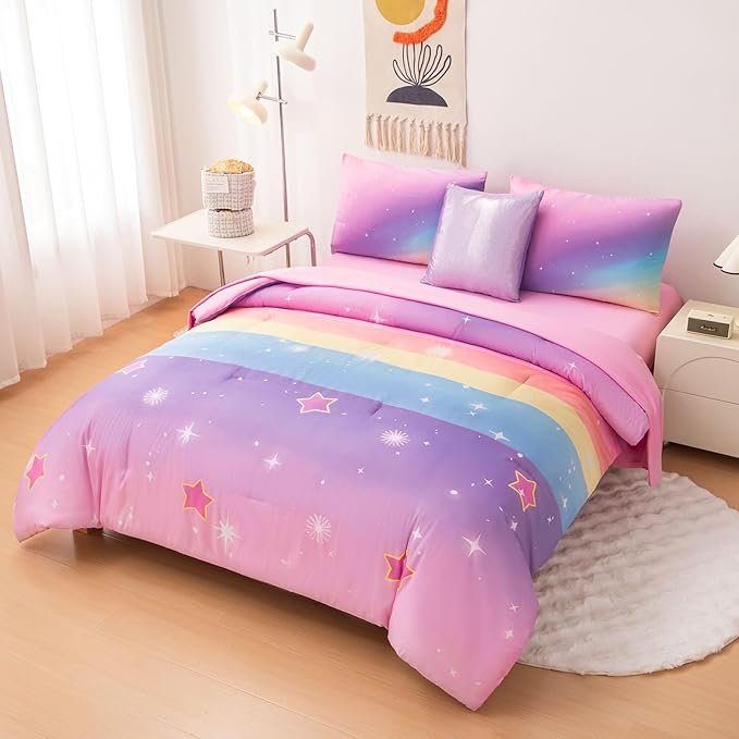 Rainbow Bedding Set Full Size – 6-Piece Reversible Girls Comforter with Deep-Pocket Sheet, Gradient Galaxy Design, Whole-Piece Filling, Machine Washable Bed-in-a-Bag for Kids Room Makeover & Gifts