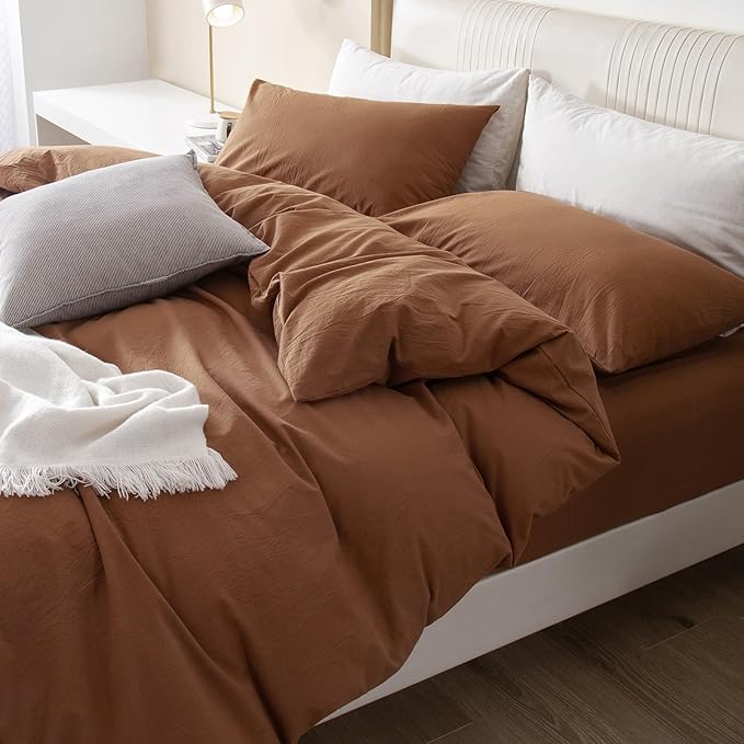 JIYUAN 100% Washed Cotton Duvet Cover Set 3 Pieces Oversized Queen, 1 Duvet Cover 98x98 Inches(Comforter Not Included) and 2 Pillowcases,Linen Feel Bedding Set Comfy and Breathable,Burnt Orange