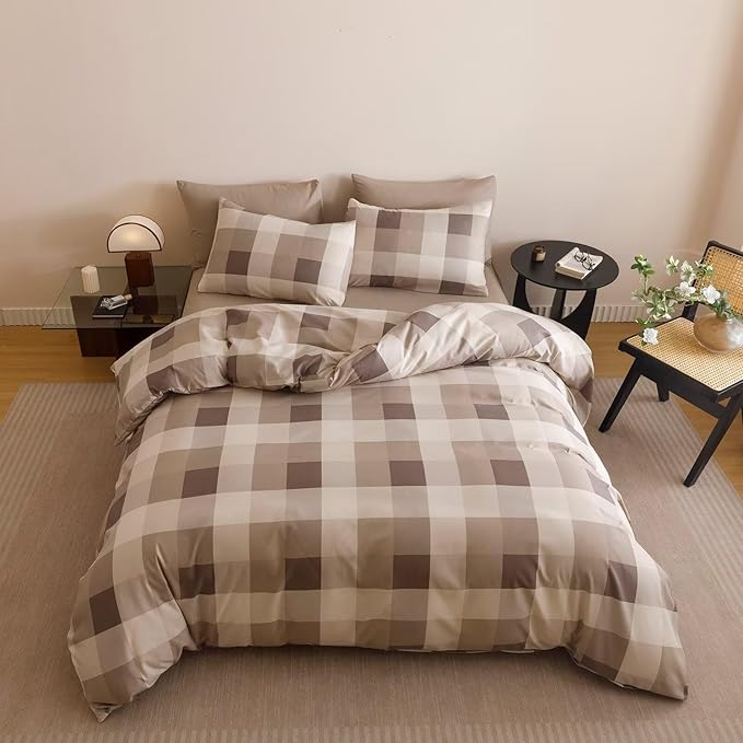 Cottonight Checkered Khaki Comforter Set Twin Gingham Grid Bedding Set Khaki and Cream Coffee Grid Comforter Fluffy Soft Bedding Set Kids Teens Twin Comforter with 2 Pillowcases