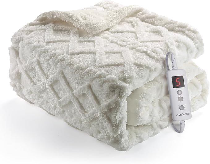 CAROMIO Heated Throw Blanket - Thick Tufted Sherpa Electric Blanket Throw with 10 Heating Levels and 10 Time Settings, ETL Certified Machine Washable Fast Heating Blanket Throw 50"×60", Off White