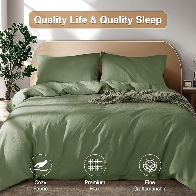 SONORO KATE 100% French Linen Duvet Cover Queen Size, Soft Breathable for Hot Sleepers, Moisture Wicking & Durable Cover Set - Zipper Closure & 4 Corner Ties Duvet Covers 3 Piece (Olive Green,Queen)