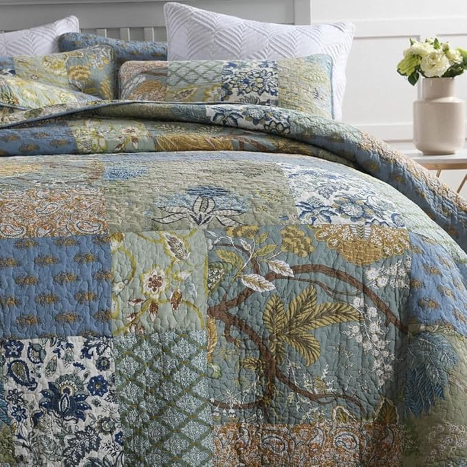 Cotton Bedspread Bedding Coverlet Quilt Sets, Reversible Vintage Branch Floral Bedspread comforters, (Rustic Sage Green Patchwork Pattern, King Size)