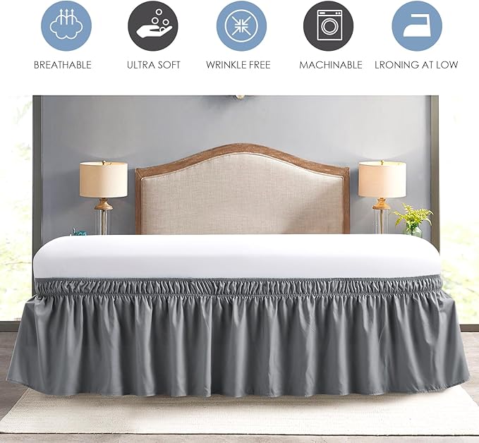 FreshCulture Elastic Wrap Around Bed Skirt, Queen Size, Easy Fit with 15-Inch Tailored Drop, Hotel Quality Dust Ruffle (Dark Grey)