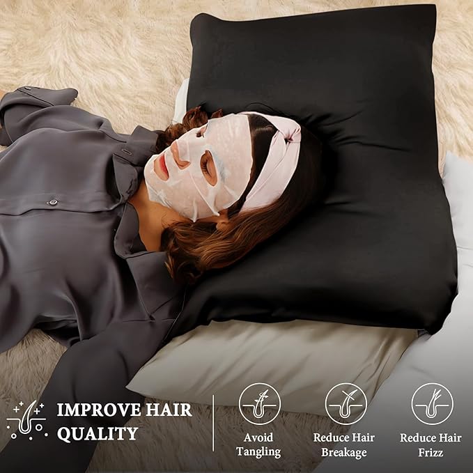 BHZ Satin Goose Down Feather Pillows Queen Size Set of 2 with Black Satin Pillowcase for Hair and Skin, Cooling Pillow Cases Similar to Silk Pillow Cases, Decorative for Women, Mom Men