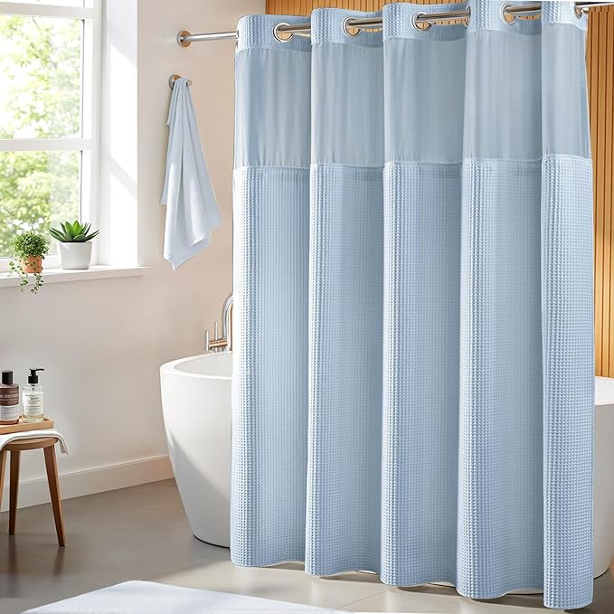 River Dream Misty Blue Fabric Shower Curtain Set, Cotton Blend, Waffle Weave, with Snap in Replacement Liner，71 x 86 inches
