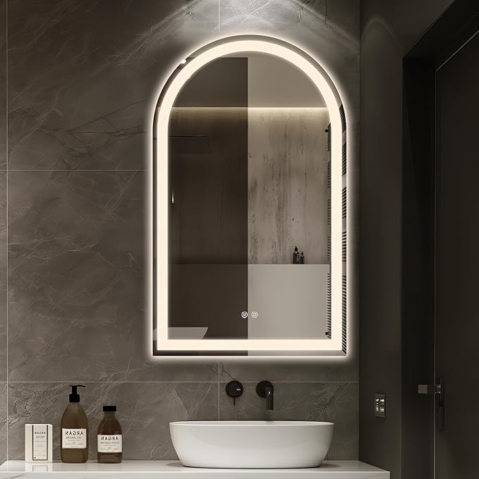 Niccy Arched LED Bathroom Mirror, 33x20 Arch Wall Mounted Frameless Bathroom Mirror for Vanity, Smart Lighted Frontlit Mirrors with Memory Function for Bathroom Bedroom Beauty Hair Salon