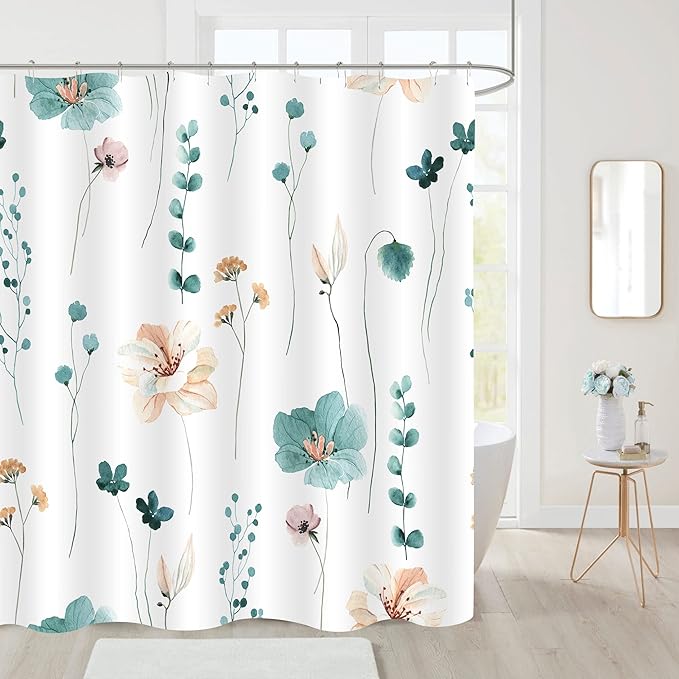 Gibelle Long Shower Curtain 72 x 78, Watercolor Floral Fabric Shower Curtain, Teal Beige Flower Decorative Bathroom Shower Curtain Set with Hooks